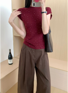 Y145【新小晴甄选】新款气质打底衫烫钻短袖针织衫09A701-红色