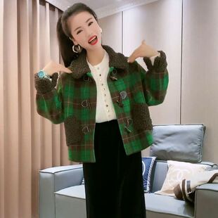 秋冬女士外套夹克短款宽松翻领毛呢羊羔毛复古格子牛角扣保暖上衣