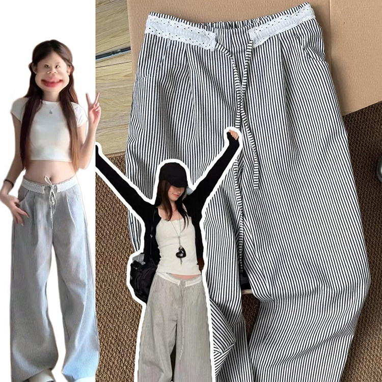 设计感撞色黑白条纹卫裤女夏季2026新款小个子百搭韩系蕾丝阔腿裤