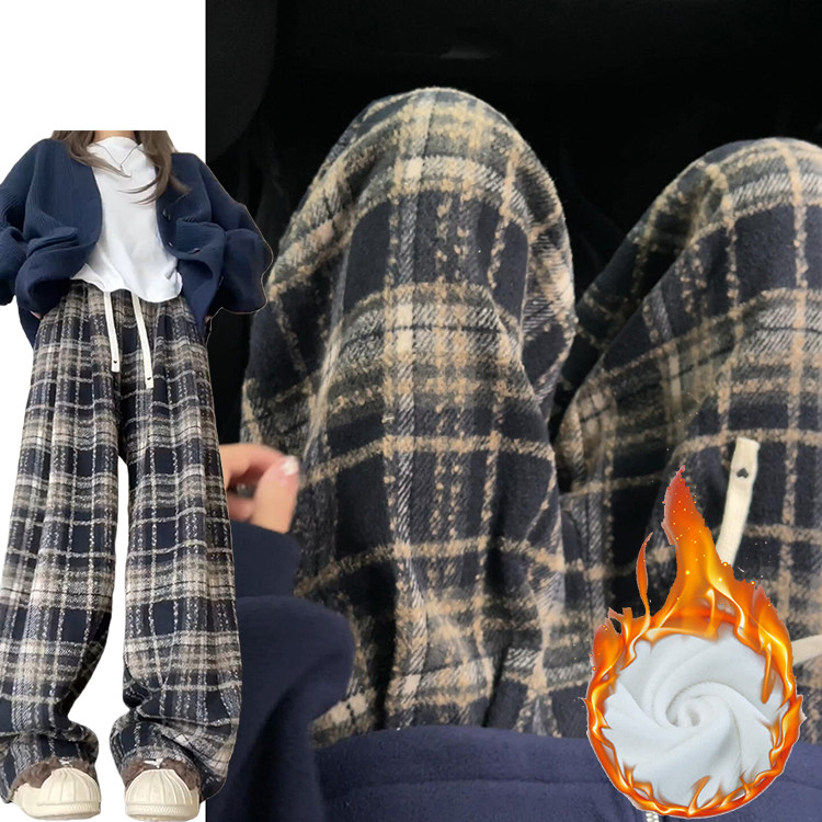 复古英伦风毛呢格子裤女秋冬季2024新款加绒加厚垂坠感显瘦阔腿裤,女装/女士精品,休闲裤,淘宝优惠券,粉丝福利购,淘宝优惠卷