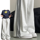 白灰色侧条纹两穿运动裤 韩系学院风休闲束脚卫裤 女春夏季 2025新款