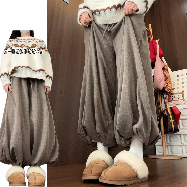 咖色加绒针织糯米裙裤女秋冬季2025新款慵懒感加厚软糯休闲花苞裤