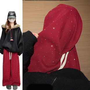 新年红烫钻爆闪星空裤女秋冬季2026新款加绒加厚闪闪时尚运动卫裤