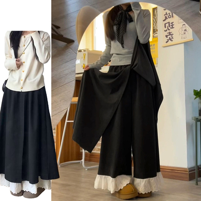 假两件设计感加绒阔腿裙裤女秋冬2025新款慵懒风蕾丝拼接半身裙裤