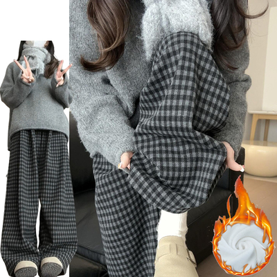 韩版复古棋盘格休闲裤女秋冬2025新款直筒高腰加绒加厚垂顺阔腿裤