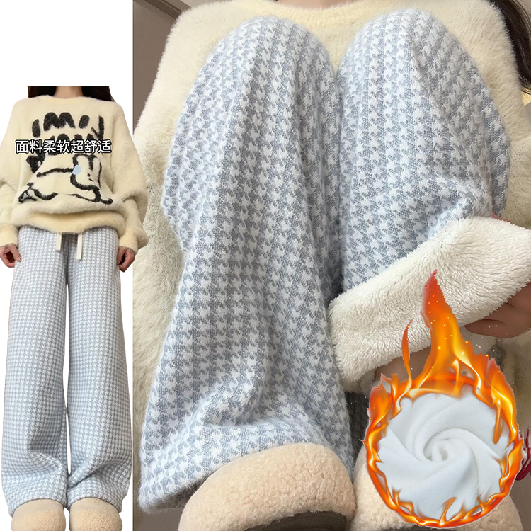 蓝色小香风羊羔绒格子裤女秋冬2024新款小个子加绒加厚保暖休闲裤