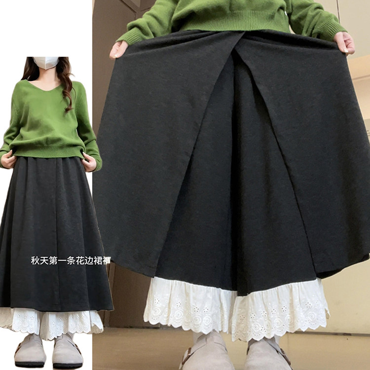 深灰色复古高腰开叉裙裤女秋冬2025新款小个子时尚蕾丝拼接阔腿裤,女装/女士精品,休闲裤,淘宝优惠券,粉丝福利购,淘宝优惠卷