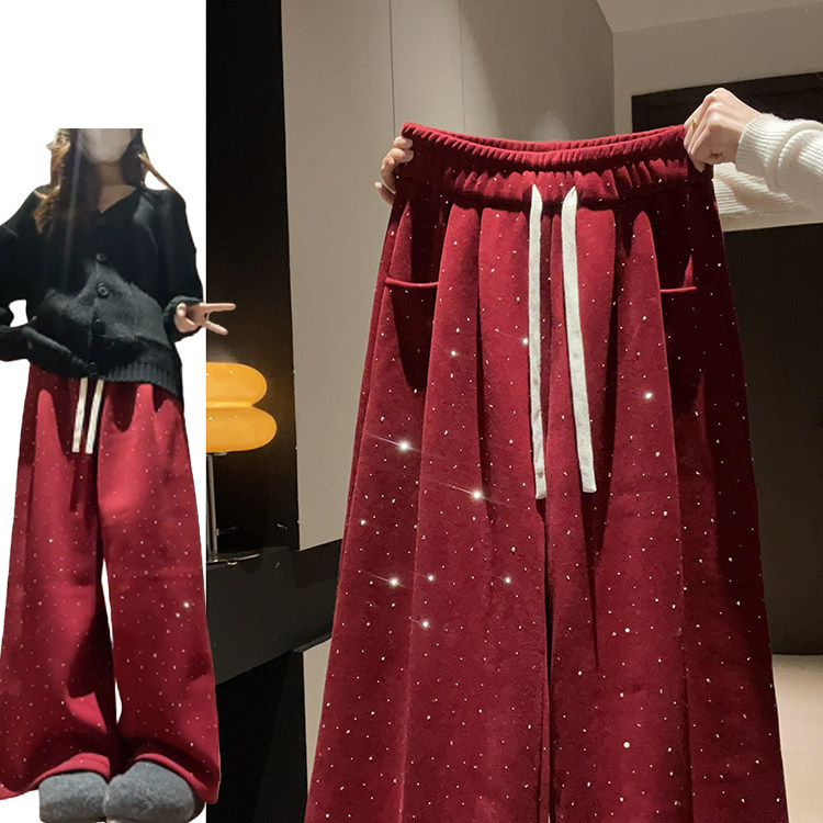 新年红慵懒设计烫钻裤子女秋冬2026新款加绒加厚垂坠感闪闪拖地裤,女装/女士精品,休闲裤,淘宝优惠券,粉丝福利购,淘宝优惠卷