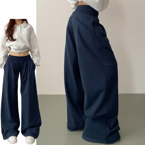 藏青色美式高街休闲卫裤女春秋2026新款慵懒风显瘦宽松垂感拖地裤