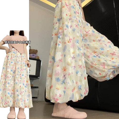 法式慵懒感冰丝缎面碎花裙女夏季薄款2025新款多巴胺减龄花苞裙裤