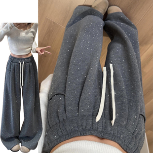 灰色慵懒感软糯闪闪星空裤女秋冬2026新款设计感加绒加厚烫钻裤子