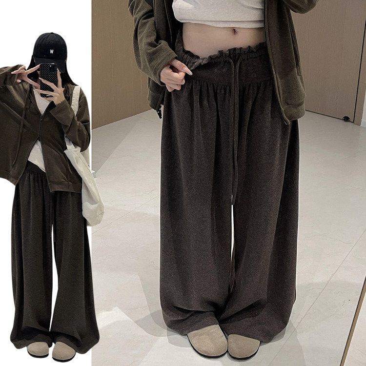韩系拼接腰木耳边休闲阔腿裤女早秋2026新款高腰显瘦小个子糯米裤