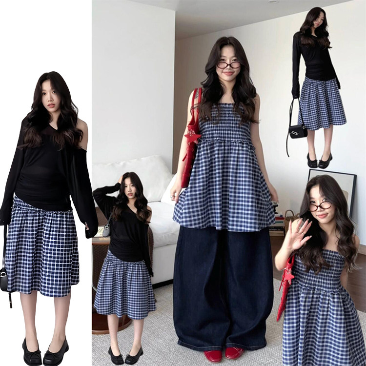 复古高腰蓝色格纹半身裙女夏季2025新款韩系百搭设计感两穿连衣裙