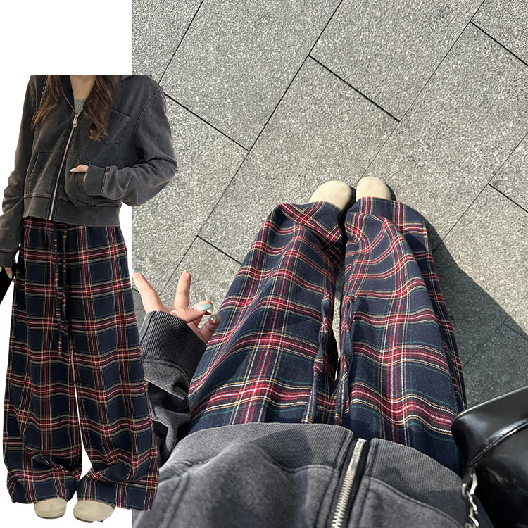 日系复古慵懒风阔腿裤女秋冬2026新款显瘦宽松高腰休闲撞色格子裤