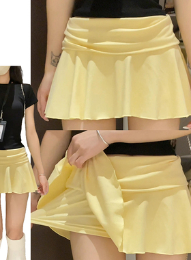 黄色高腰A字辣妹休闲短裙女夏季2025新款小个子荷叶边褶皱网球裙