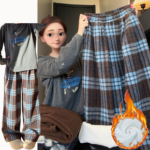 蓝色复古格子裤女秋冬季2024新款毛呢加绒加厚撞色直筒显瘦拖地裤