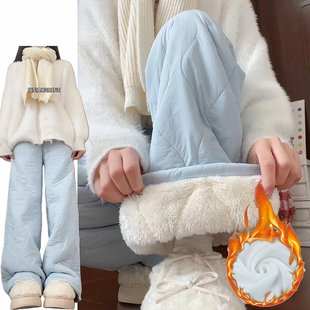 加绒加厚羊羔绒显瘦羽绒裤 蓝色温柔风保暖菱格棉裤 女秋冬2025新款