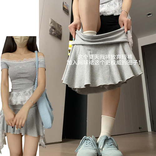 美式时尚荷叶边翻腰A字裙女夏季2026新款防走光修身显瘦运动短裙