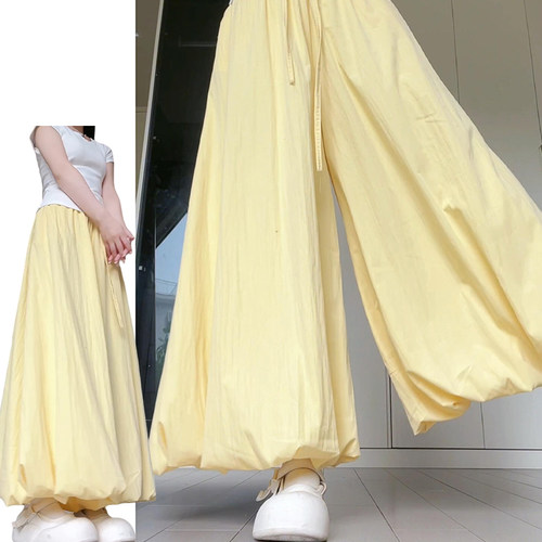 黄色减龄休闲多巴胺阔腿裙裤女夏季2026新款慵懒显瘦垂感花苞裙裤