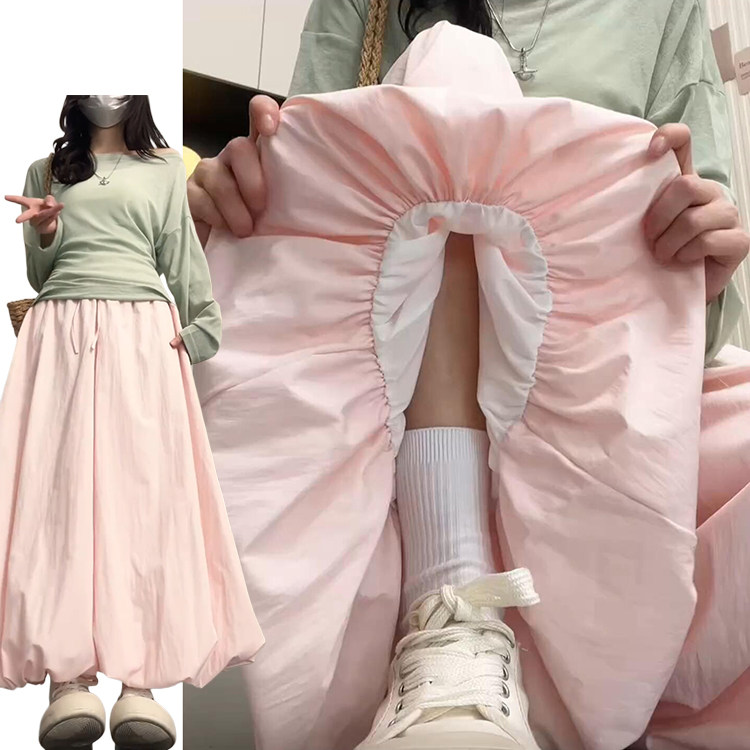 粉色奶芙蓬蓬九分阔腿裙裤女春秋季2026新款显瘦宽松花苞半身裙裤