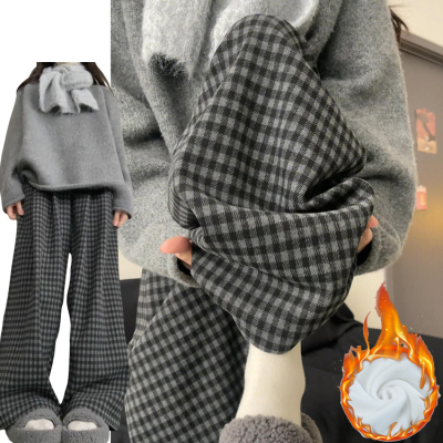 日系复古慵懒风阔腿裤女秋冬2025新款加绒加厚高腰休闲毛呢格子裤