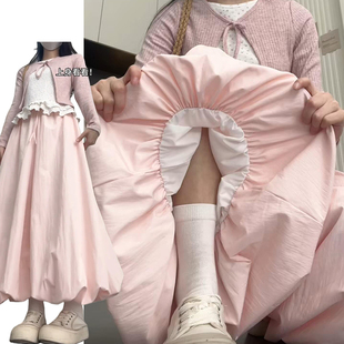 韩系多巴胺粉色显瘦灯笼裤女春夏2026新款慵懒风高腰蓬蓬花苞裙裤
