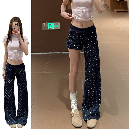 藏青色韩系波点裤女夏季2026新款宽腰微喇裤松弛显瘦软糯阔腿裤子
