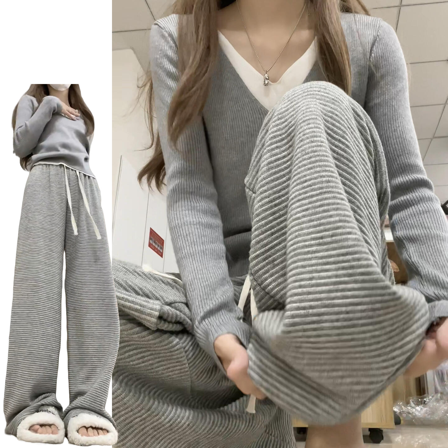 条纹针织休闲糯米裤女春秋2024新款韩系慵懒小个子显瘦软糯直筒裤,女装/女士精品,休闲裤,淘宝优惠券,粉丝福利购,淘宝优惠卷