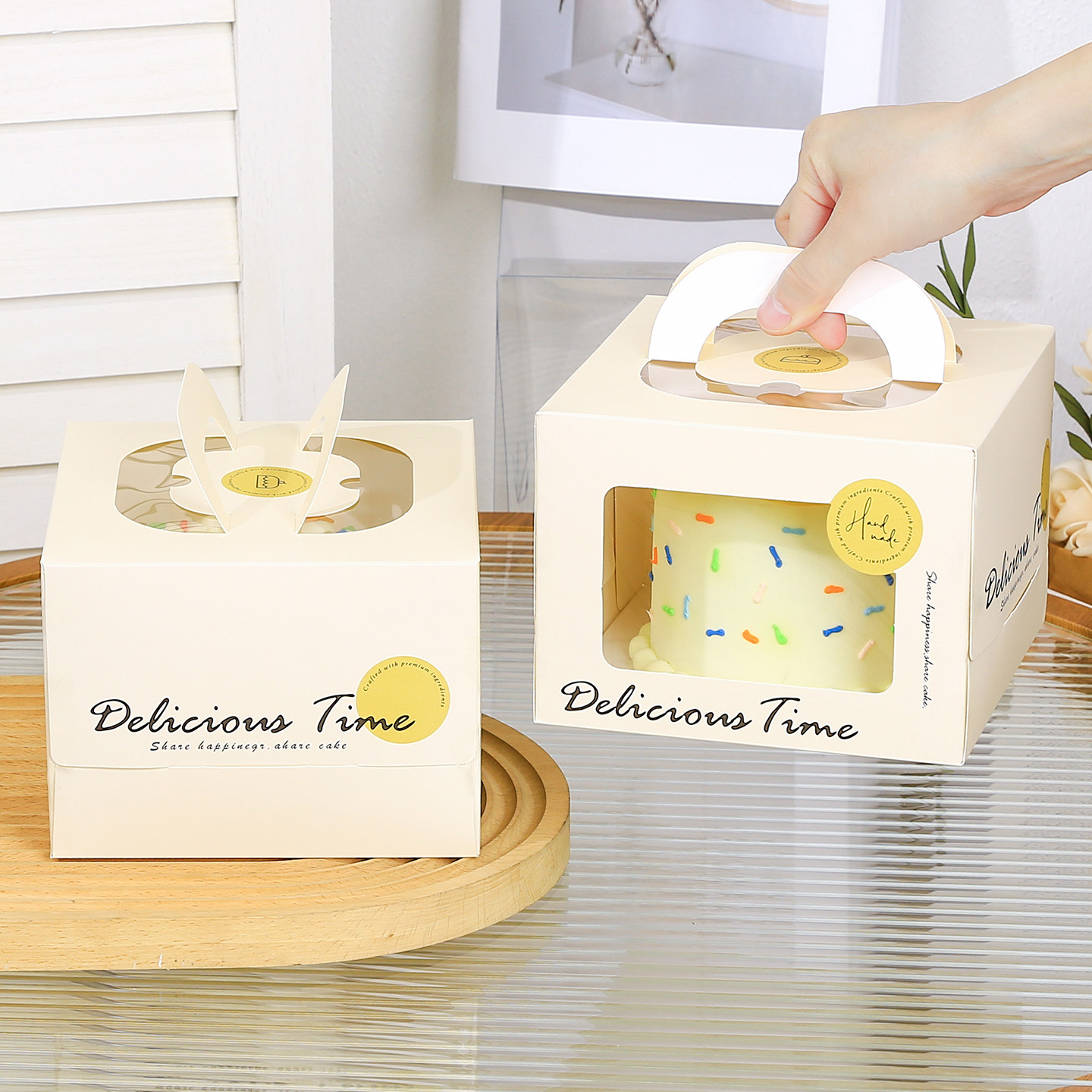 四寸手提蛋糕盒4寸6寸8寸10寸12寸小慕斯甜品生日烘焙盒加厚底托