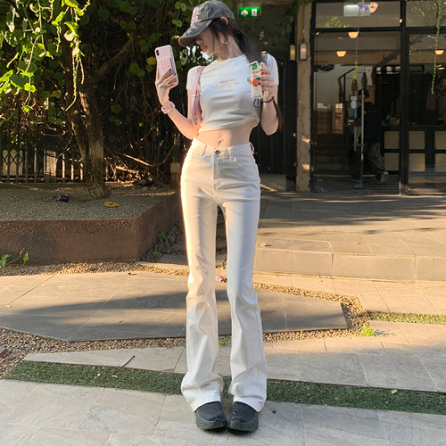 弄格白色微喇叭牛仔裤女2025春夏高腰显瘦修身窄版小直筒拖地裤