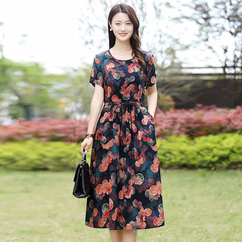 中老年女夏装棉绸连衣裙洋气新款妈妈装大码宽松时尚过膝显瘦裙子