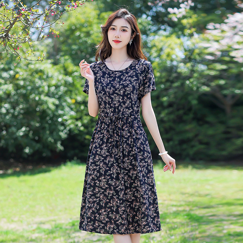 妈妈装夏季棉绸连衣裙时尚大码洋气女装中老年人夏装气质绵绸裙子