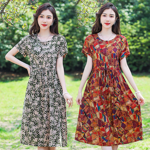 时尚 夏季 洋气长裙50岁60岁妈妈装 棉绸连衣裙中老年女装 裙子潮 新款