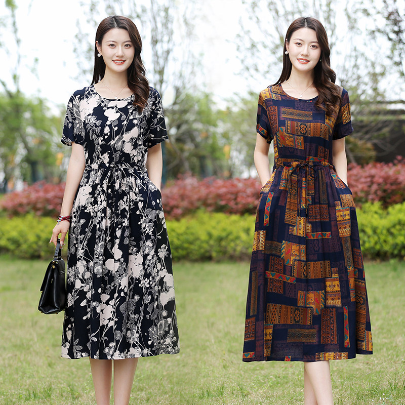 妈妈装气质新款连衣裙休闲短袖中老年大码女装中长款棉绸夏季裙子