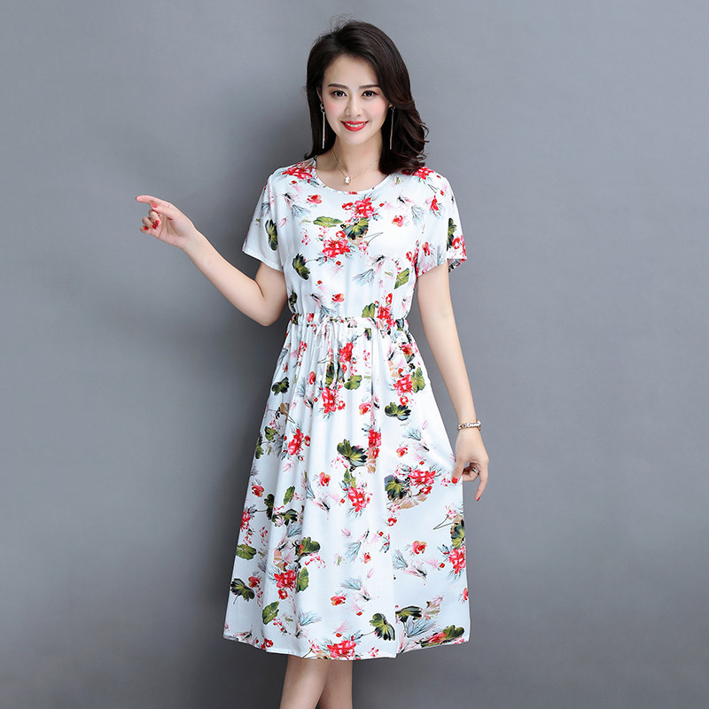 2025夏季新款妈妈短袖时尚连衣裙大码中年女装中长款过膝棉绸裙子
