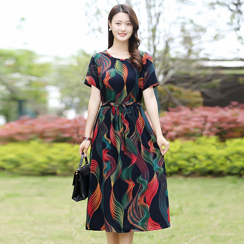 妈妈装夏装棉绸连衣裙大码显瘦中老年女装中长款碎花过膝绵绸长裙