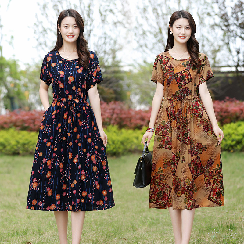 新款棉绸连衣裙女夏季妈妈装大码显瘦中长款时尚洋气外穿绵绸裙潮