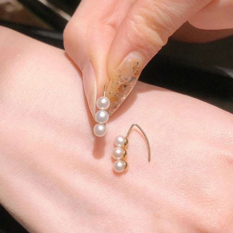 Ordi新款三颗豌豆天然淡水珍珠耳环简约百搭925银镀金耳钉勾