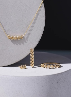 Ordi秋季新款一字形橄榄叶镶钻锁骨项链不对称耳钉耳夹套装