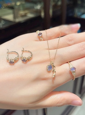 Ordi日系24年冬季新品天然堇青石拉长石手饰套装项链戒指