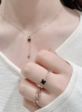 Ordi新款天然黑玛瑙几何方形简约戒指吊坠耳钉女925纯银镀金