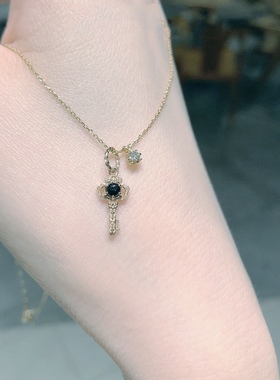 Ordi复古天然黑玛瑙钥匙吊坠项链日系轻饰品新款925纯银镀金