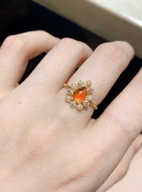 Ordi秋季新款天然琥珀淡水珍珠花朵戒指 简约复古项链耳钉