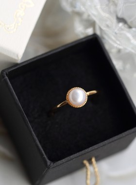 日系ordi天然珍珠戒指女简约百搭复古925银镀14k金叠戴指环