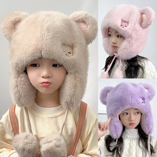 儿童帽子冬季男童户外加绒保暖毛绒帽女孩卡通小熊刺绣防风护耳帽