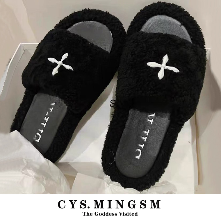 潮牌网红十字架一字拖厚底羊羔毛毛拖鞋女夏外穿黑色高级感凉拖鞋