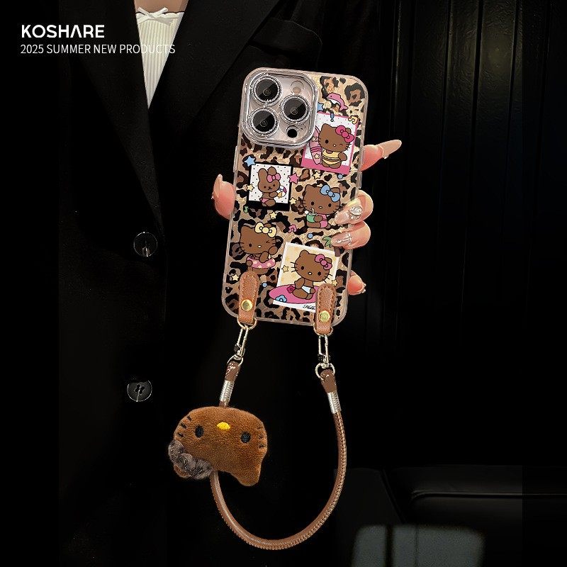 适用iphone16promax手机壳苹果17pro豹纹kt猫挂绳适11镜头全包防摔14/13por复古美拉德12自带挂绳15高级感女