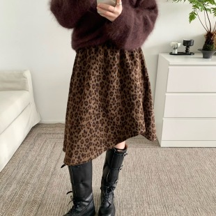 Beauty时髦感 加厚显瘦中长裙子 不规则豹纹松紧腰半身裙韩国冬季