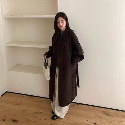 STATEMENT高品系列~韩国小V领侧扣羊毛骆驼绒双面大衣长款外套女