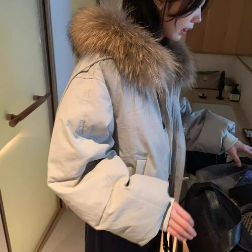 SEMICOLONS正品~大真毛毛领连帽羽绒服韩国冬蓬松面包服夹克外套